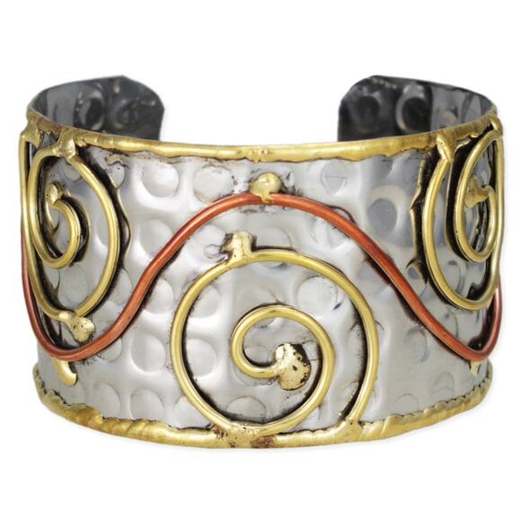 Mixed Metal Wire Spirals Silver Hammered Cuff Bracelet - Picture 2 of 5